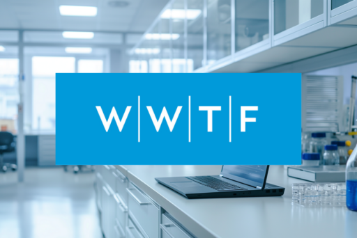 A modern laboratory with glassware and a laptop on the counter. In the center, a blue rectangle reads WWTF | WWTF and WE&ME Foundation support seven innovative research projects in white letters. 
