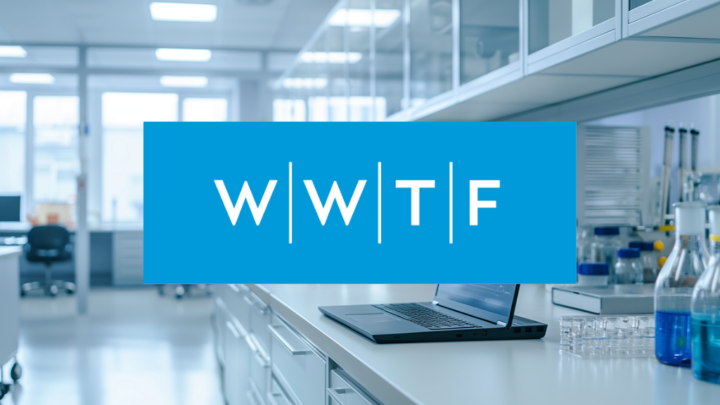 A modern laboratory with glassware and a laptop on the counter. In the center, a blue rectangle reads WWTF | WWTF and WE&ME Foundation support seven innovative research projects in white letters. 