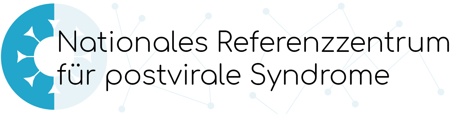 Logo mit einem blau-weißen Kreis auf der linken Seite und dem Text Nationales Referenzzentrum für postvirale Syndrome in schwarzer Schrift auf der rechten Seite, mit schwachen Verbindungslinien und Punkten im Hintergrund.