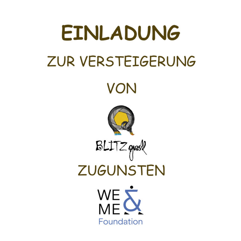Invitation in German to an auction by BLITZ grazi for the benefit of WE ME &amp; Foundation, with a simple drawing of a light bulb.