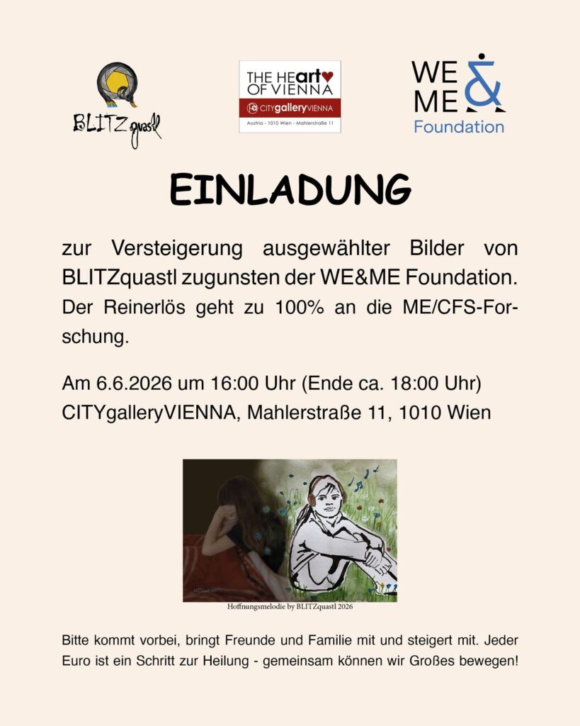 A German invitation poster for an art auction by BLITZquast in aid of the WE&ME Foundation with details of the charity, the date of the event (June 6, 2026), the location in Vienna and an image of a painting of a woman at rest.