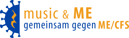 Logo with a blue virus shape with an orange music note on the left. Next to it is the text: music &amp; ME together against ME/CFS in blue and orange on a light background. 