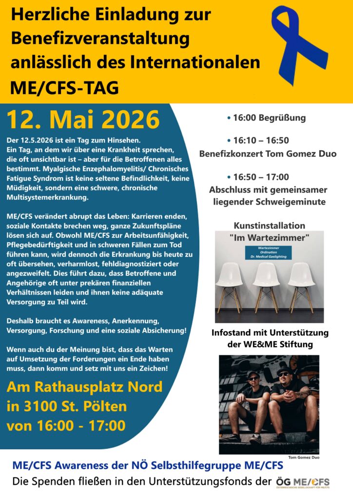 Event flyer for International ME/CFS Day on May 12, 2026, with blue ribbon, dates, description of ME/CFS and details of a silent art installation and benefit concert. Organized by the ME/CFS self-help group. 