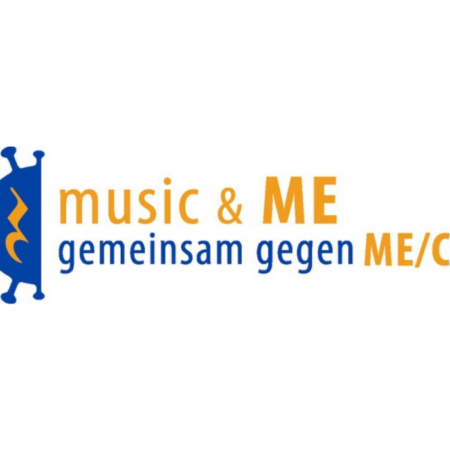 Logo with a blue stylized virus shape with a yellow musical note. On the right-hand side is the text "music & ME together against ME/CFS", with ME and ME/CFS highlighted in yellow and the rest in blue on a white background. 