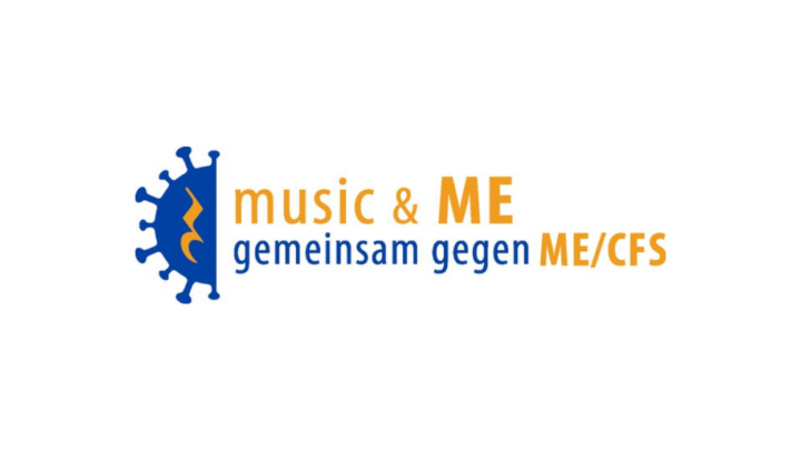 Logo with a blue stylized virus shape with a yellow musical note. On the right-hand side is the text "music & ME together against ME/CFS", with ME and ME/CFS highlighted in yellow and the rest in blue on a white background. 