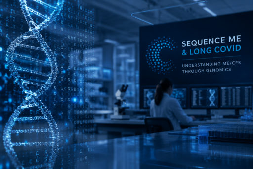 Ein Wissenschaftler sitzt an einem Schreibtisch mit mehreren Monitoren in einem High-Tech-Labor. Im Vordergrund ist ein großer digitaler DNA-Strang zu sehen. Auf einem Bildschirm steht "Sequence Me & Long COVID: Understanding ME/CFS Through Genomics.".