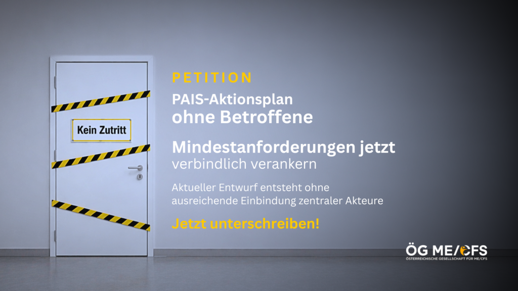 A white door with black and yellow warning tape and a no entry sign. Text calls for a petition: Make minimum requirements binding now with a call to sign and the ÖG ME/CFS logo at the bottom right. 