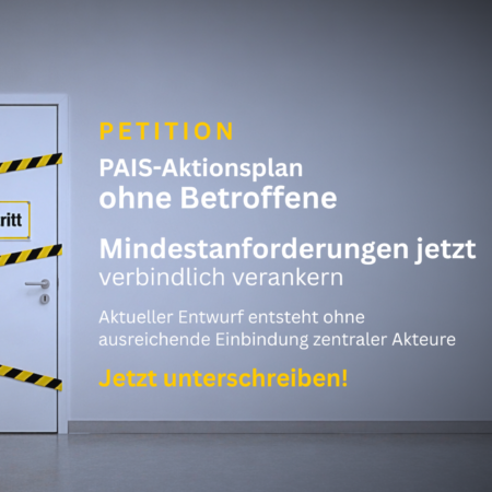A white door with black and yellow warning tape and a no entry sign. Text calls for a petition: Make minimum requirements binding now with a call to sign and the ÖG ME/CFS logo at the bottom right. 