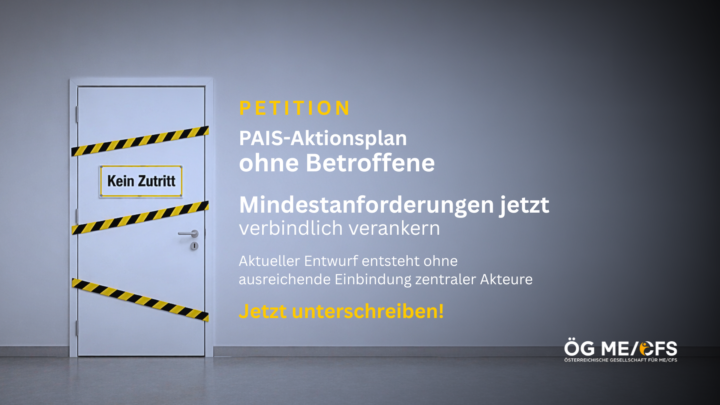 A white door with black and yellow warning tape and a no entry sign. Text calls for a petition: Make minimum requirements binding now with a call to sign and the ÖG ME/CFS logo at the bottom right. 