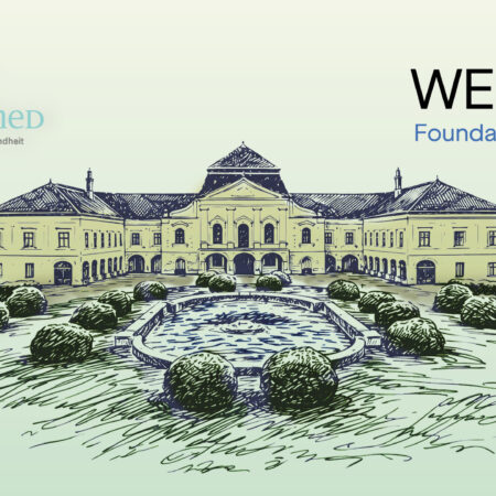 A sketch of a magnificent building with a central entrance, two wings, and a fountain surrounded by shrubs—serving as the backdrop for the charity gala in Kittsee to benefit ME/CFS. The logos of optimaMED and the WE & ME Foundation are visible in the upper corners. 