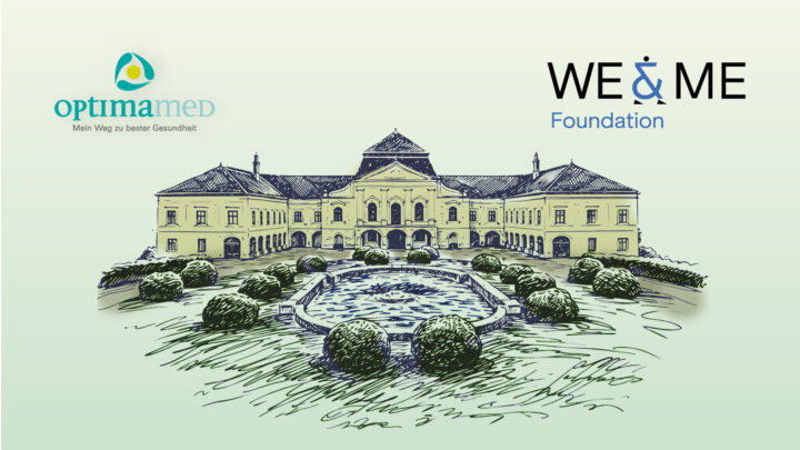 A sketch of a magnificent building with a central entrance, two wings, and a fountain surrounded by shrubs—serving as the backdrop for the charity gala in Kittsee to benefit ME/CFS. The logos of optimaMED and the WE & ME Foundation are visible in the upper corners. 