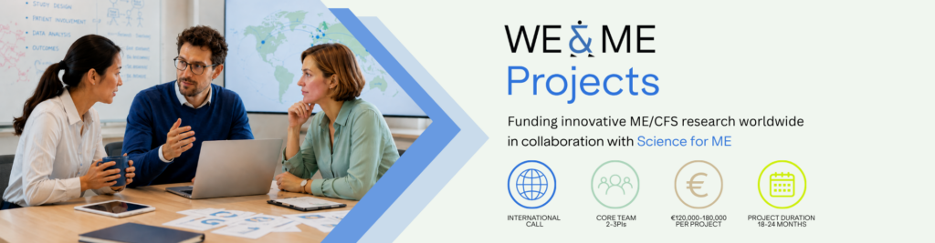 Three people are sitting at a table and talking; laptops, documents, and a world map can be seen in the background. The text promotes “WE & ME Projects,” an initiative to support ME/CFS research, and highlights key project details using symbols. 