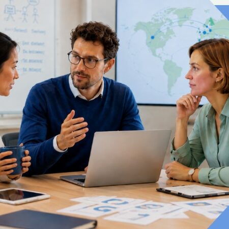 Three colleagues are sitting at a table with laptops, documents, and coffee, discussing the 2027 ME/CFS grant. Whiteboards and a world map in the background highlight the collaborative work atmosphere in their office. 