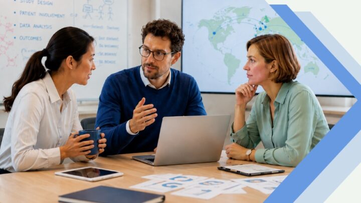 Three colleagues are sitting at a table with laptops, documents, and coffee, discussing the 2027 ME/CFS grant. Whiteboards and a world map in the background highlight the collaborative work atmosphere in their office. 