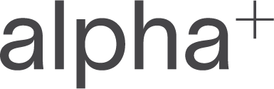 The image shows the word “alpha” in lowercase letters, followed by a plus sign (+) in the upper right corner, in a modern, sans-serif font on a light background—as a nod to the spirit of the WE&ME ME/CFS Award.