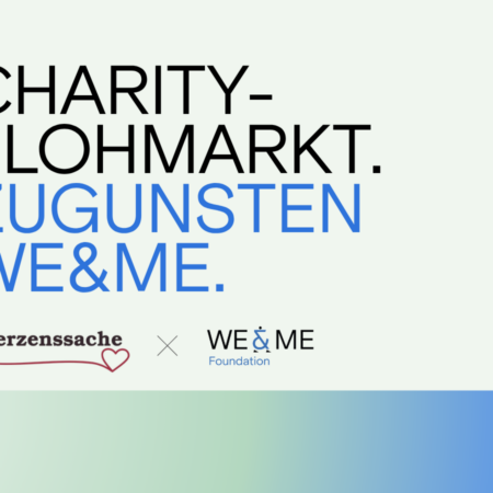 Announcement of a charity flea market to benefit the WE&ME Foundation, featuring the logos of Herzenssache and the WE&ME Foundation.