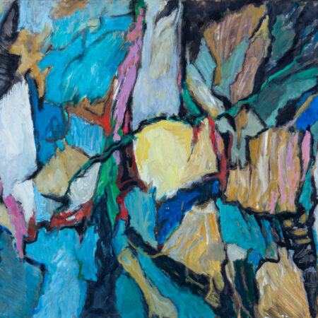 Abstract oil painting by Oskar Czerwenka, exhibited at ART&ANTIQUE Hofburg 2026, featuring jagged, overlapping shapes in blue, yellow, black, and white, outlined by dark, gestural brushstrokes.