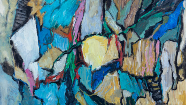 Abstract oil painting by Oskar Czerwenka, exhibited at ART&ANTIQUE Hofburg 2026, featuring jagged, overlapping shapes in blue, yellow, black, and white, outlined by dark, gestural brushstrokes.